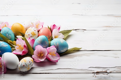easter eggs and flowers. Generative AI.