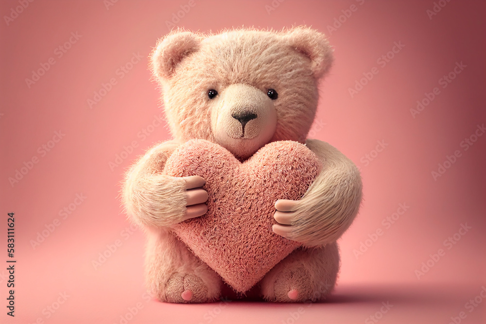 Obraz premium Teddy bear with heart on pink background. Valentine's day concept Generative AI
