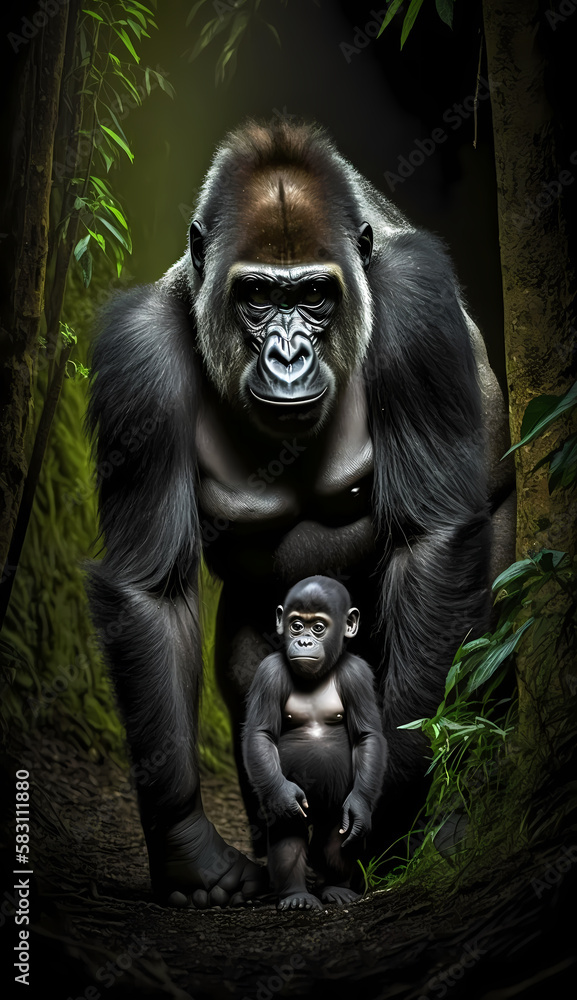 Gorilla and Baby Gorilla. Generative AI