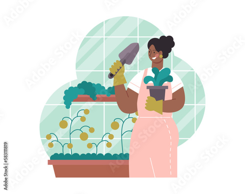 Gardening and planting. Character taking care of plants, flowers