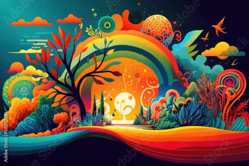 Abstract fantasy landscape with trees, rainbows and clouds. illustration.