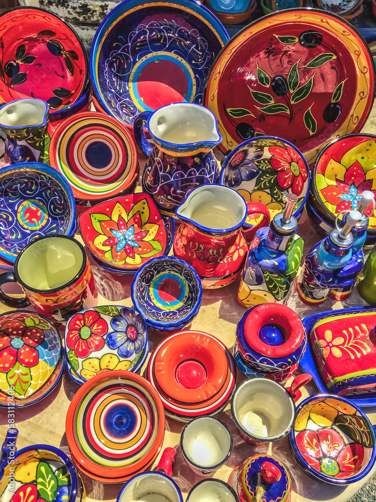 ceramic colorful pots and plates