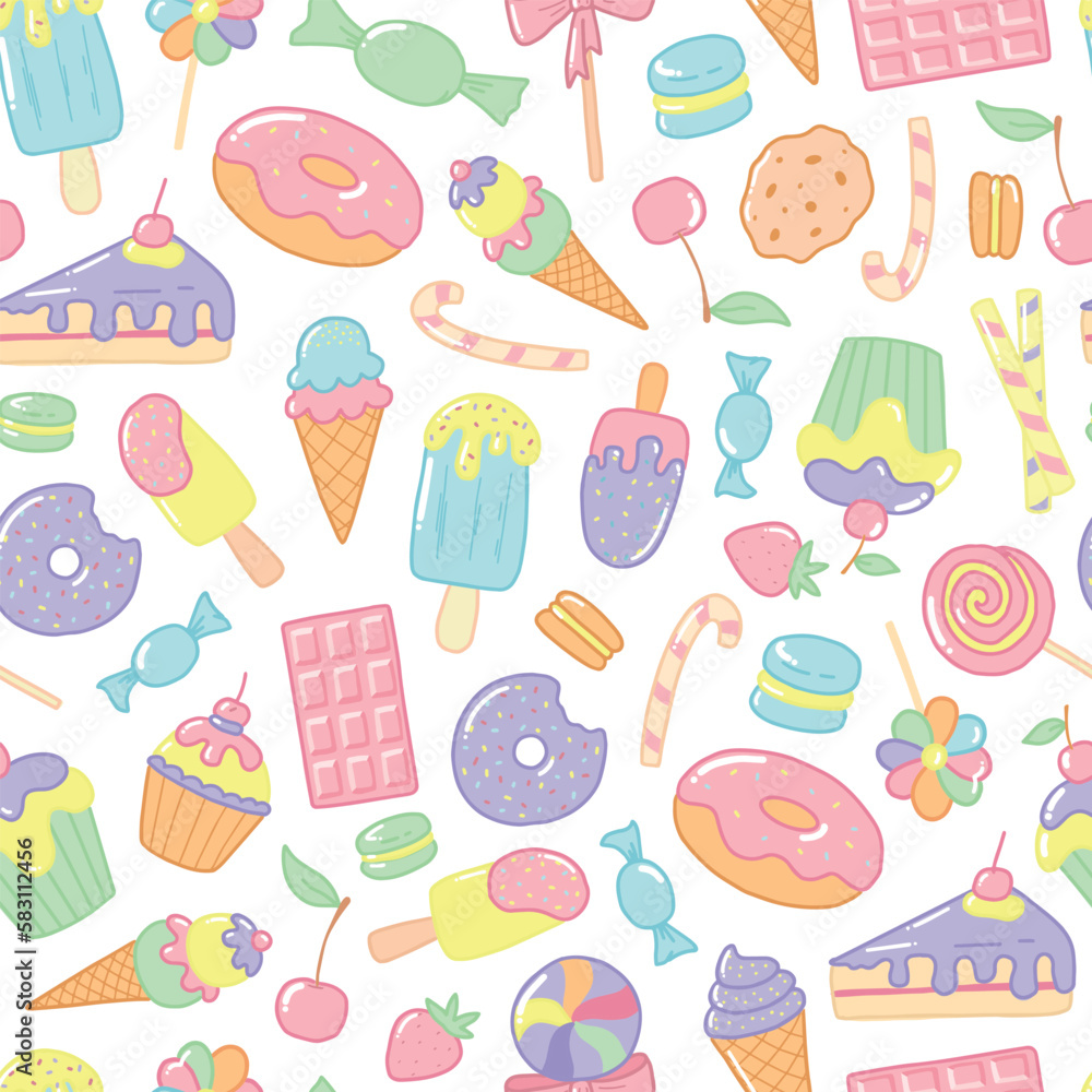 seamless pattern with hand drawn cute doodles of sweet snacks, fast food and desserts. Good for prints, wallpaper, scrapbooking, wrapping paper, packaging, etc. EPS 10 seamless pattern with hand drawn cute doodles of sweet snacks, fast food and desserts. Good for prints, wallpaper, scrapbooking, wrapping paper, packaging, etc. EPS 10