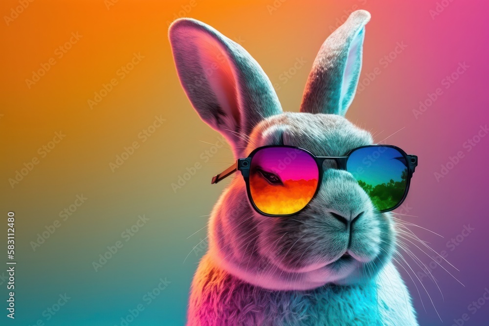 Easter bunny wearing sunglasses with flowers on a colourful background, closeup