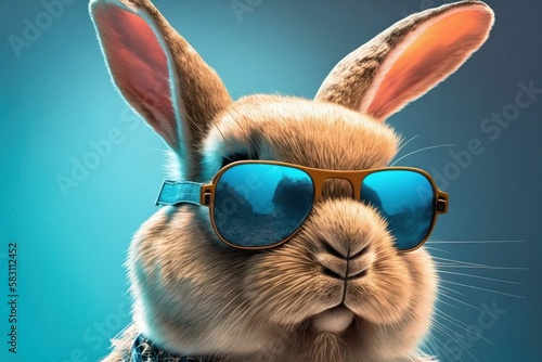 Funny bunny wearing sunglasses on blue background. 3d rendering.