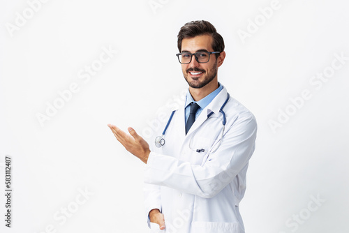 Фотография Man portrait of a doctor wearing a white coat and eyeglasses and a stethoscope l