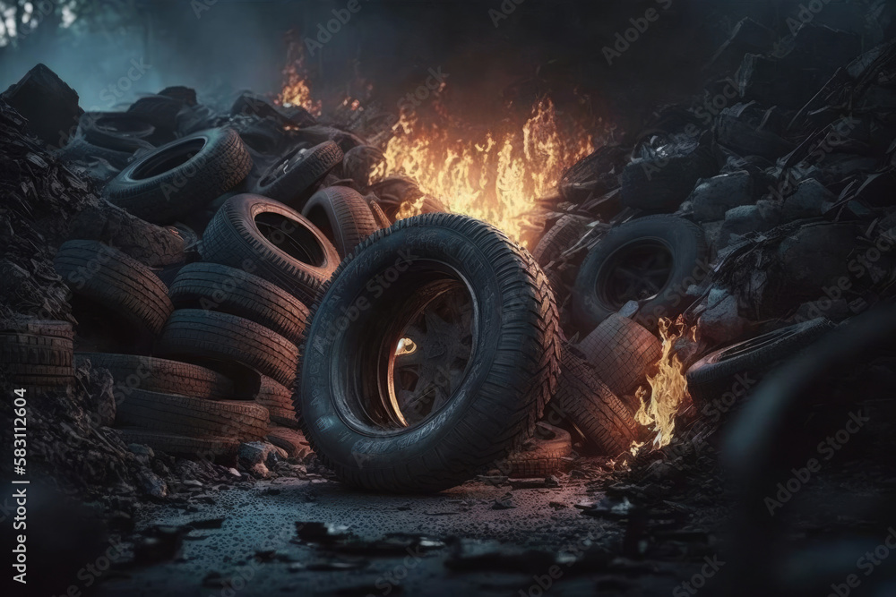Burning Pile Of Tires. Generative AI, Burning, Pile, Tires, Fire, Smoke
