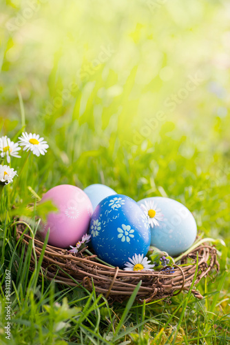 Nest with Easter eggs in grass on a sunny spring day - Easter decoration, background  -  Copy space