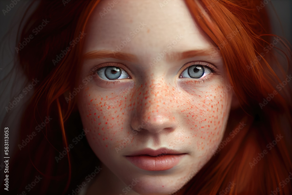 Generative AI portrait of a red-haired girl with freckles on her face Generative AI portrait of a red-haired girl with freckles on her face