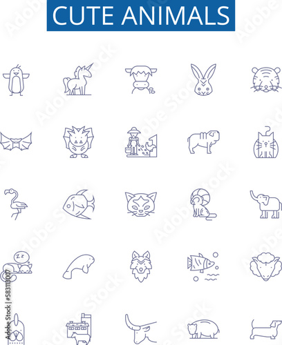 Cute animals line icons signs set. Design collection of Furry, Kittens, Pups, Fluffy, Puppy, Cuddly, Bear, Bunny outline concept vector illustrations