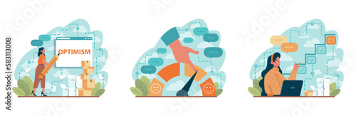 Positive thinking and optimism concept set. Employee motivation