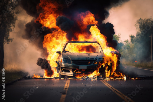 Vehicle Accident With A Car On Fire . Generative AI