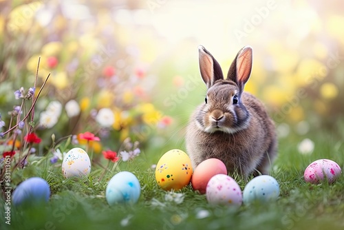 Happy Easter bunny with many pastel color Easter eggs. Generative AI.