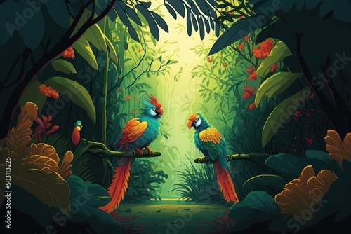 Two parrots in the jungle. Vector illustration in cartoon style.
