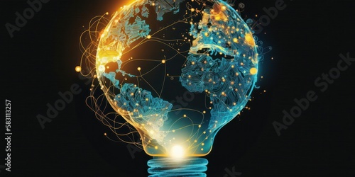 Glowing light bulb with planet earth as symbol of global communication. Generative Ai