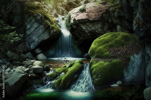 Beautiful waterfall in the forest with green moss and rocks, long exposure. 3d rendering. Ai Generated.