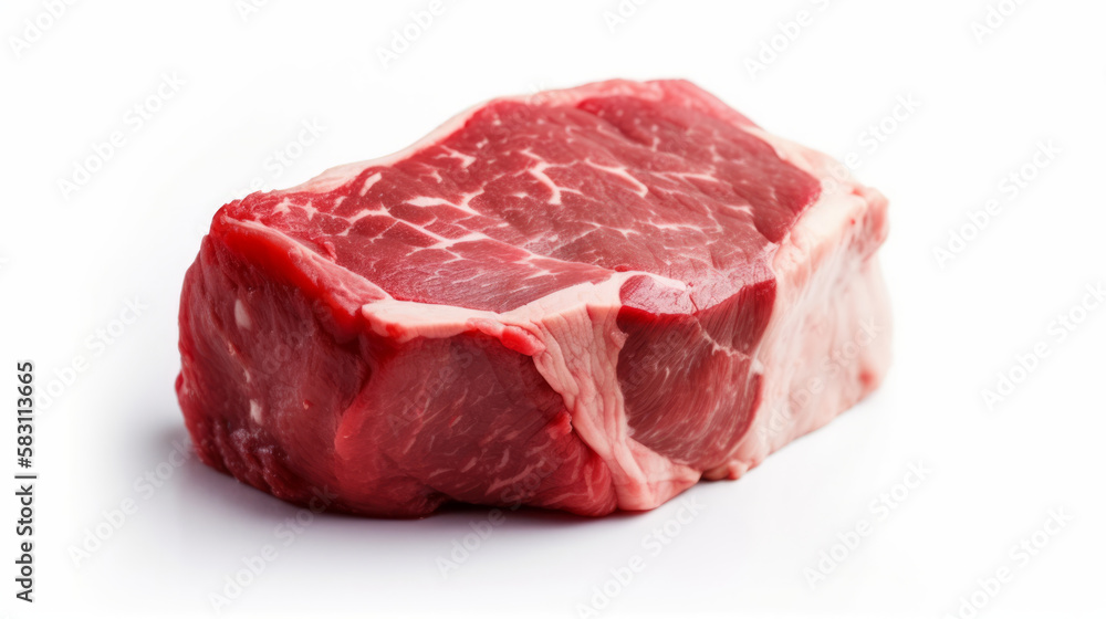 Closeup of raw beef steak isolated on white background. Generative AI Closeup of raw beef steak isolated on white background. Generative AI