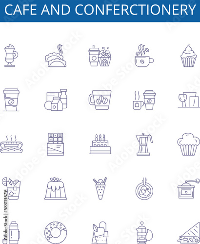 Cafe and conferctionery line icons signs set. Design collection of Cafe, Confectionery, Bakeshop, Patisserie, Pastry, Bakery, Cake, Cookies outline concept vector illustrations