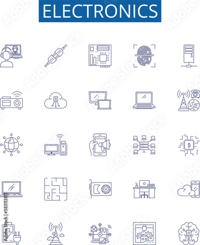 Electronics line icons signs set. Design collection of electronics, gadgets, technology, devices, appliances, consoles, circuit, components outline concept vector illustrations