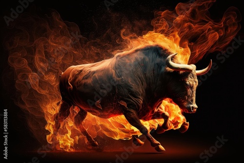 A bull running with flames on it, bull market, finance, market rise © Angus.YW