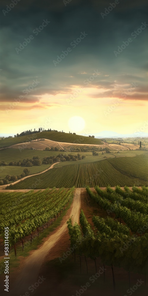 A painting of a vineyard with a mountain in the background.