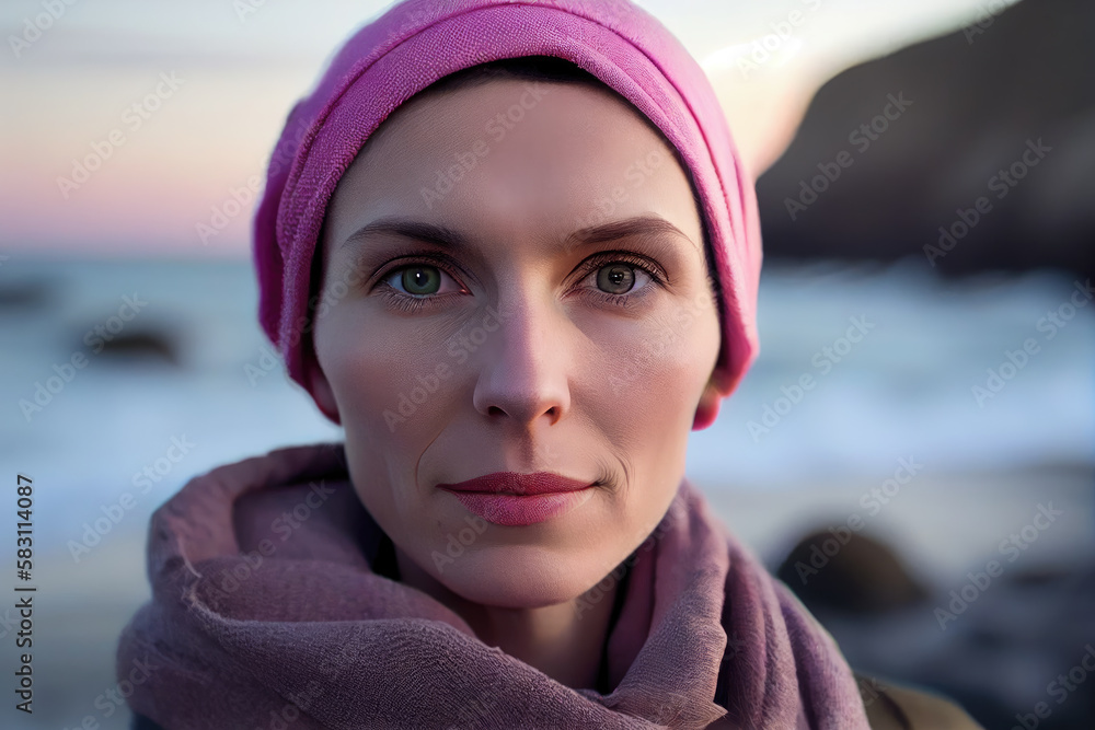 Generative AI Woman with pink headscarf with the beach in the background Generative AI Woman with pink headscarf with the beach in the background