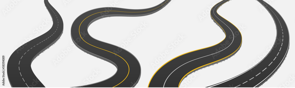 Winding curved road white yellow mark dotted line set realistic vector illustration