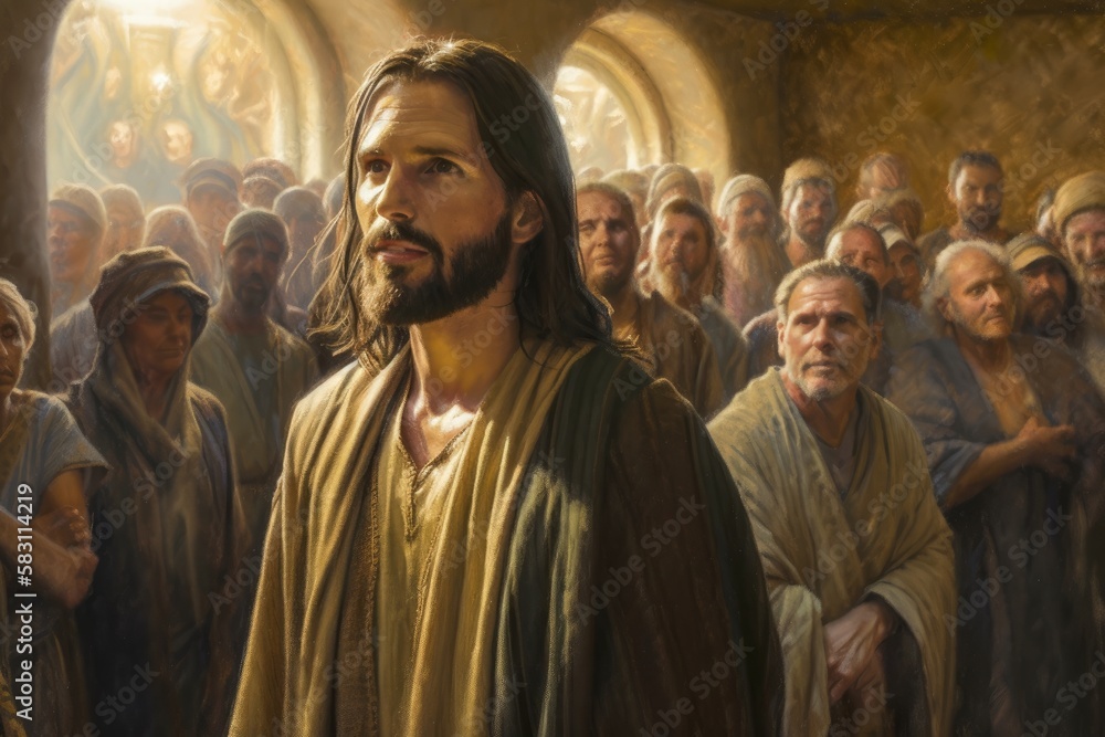 Painting of Jesus together with the disciples and the crowd in prayer to the Father Generative AI Illustration Painting of Jesus together with the disciples and the crowd in prayer to the Father Generative AI Illustration