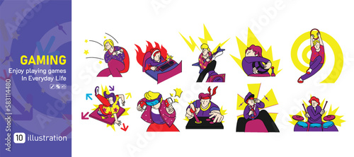 Set of gaming illustration, group of people with playing games activities graphic cartoon style bundle pack.