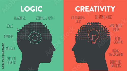 Left Brain vs. Right Brain Dominance infographic template. How the human brain works theory. Creative people right-brained and analytical thinkers left-brained concept.Visual slide presentation vector