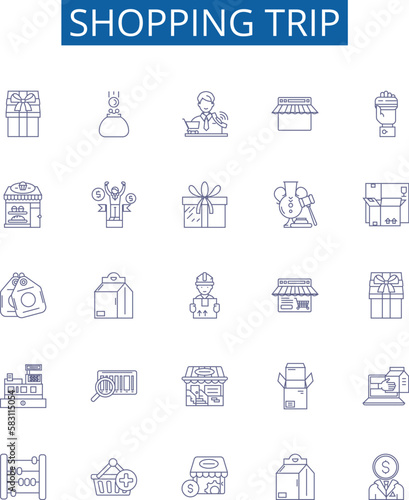 Shopping trip line icons signs set. Design collection of Shopping, Trip, Store, Purchase, Outing, Buy, Item, Shop outline concept vector illustrations