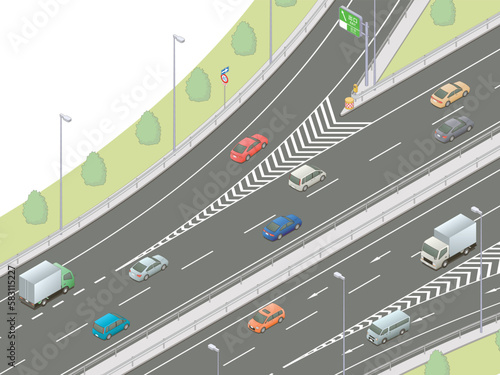アイソメトリック図法で描いた高速道路の出口付近のイメージ / Japanese expressway exit. Isometric illustration