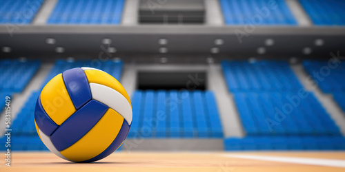 Volleyball ball and net in voleyball arena during a match.