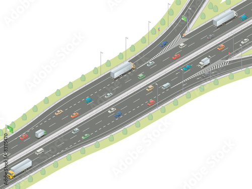 アイソメトリック図法で描いた日本の高速道路の出入口付近イメージ / Isometric illustration : Japanese Expressway entrance and exit