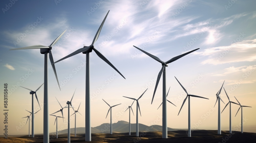 Wind turbines running on the green field. Generative AI Wind turbines running on the green field. Generative AI