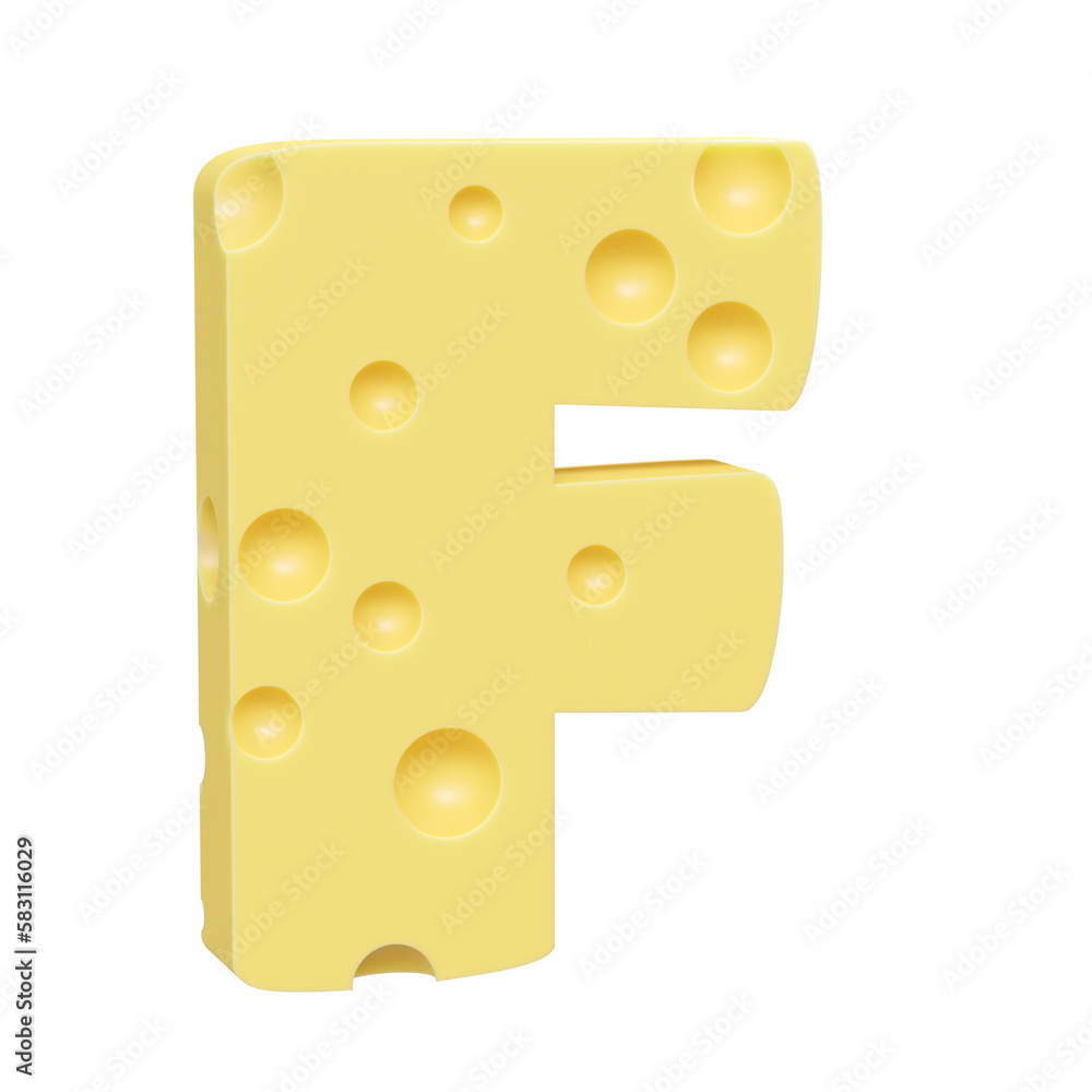 Cheese font F letter. Uppercase letter F. 3D render isolated on clean white background. Cheese font F letter. Uppercase letter F. 3D render isolated on clean white background.
