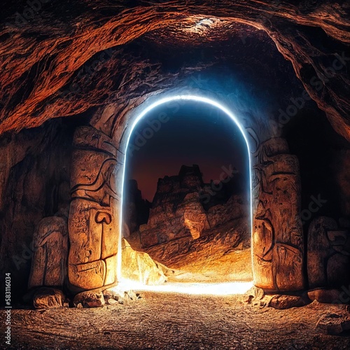 Fantasy portal stone arch in mountain hot cave due to magma and volcanic eruption. Magic gate entrance in ancient rock temple with rough creepy mysterious labyrinth scene mediaeval background, created photo