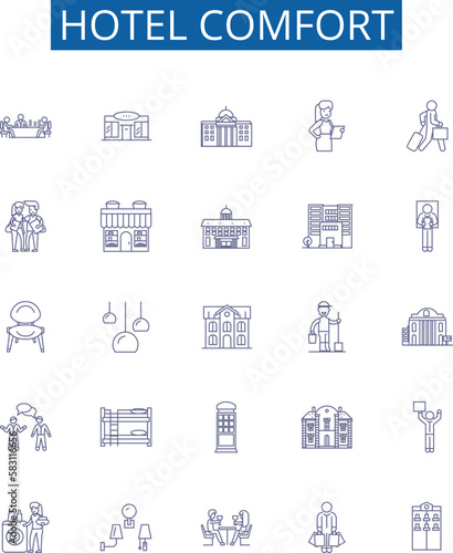 Hotel comfort line icons signs set. Design collection of Convenience, Amenity, Luxury, Accommodation, Coziness, Homey, Comforting, Comfort outline concept vector illustrations