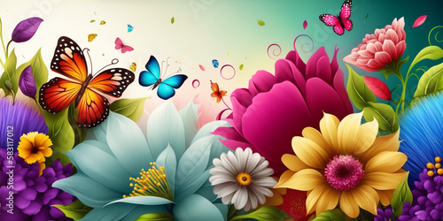 Floral Fantasy: Spring Background Aesthetic with Colorful Flowers and Butterflies