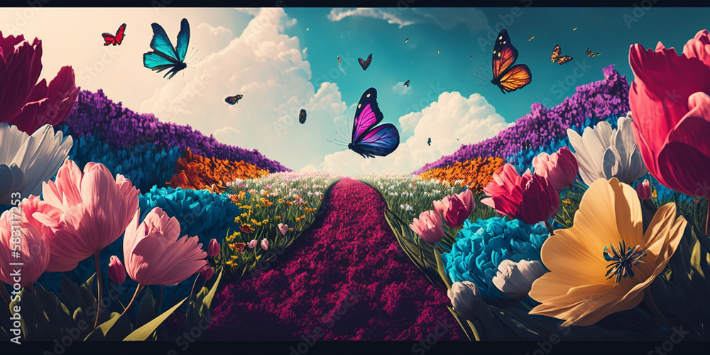 Flower Fields: Spring Background Aesthetic with Colorful Blooms and Fluttering Butterflies