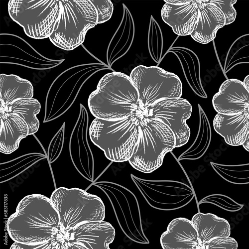 Floral seamless pattern. Monochrome trendy print hand drawn flowers and leaves. Modern design for fabric, textiles, wrapping paper. Vector illustration