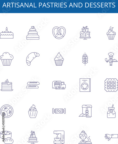 Artisanal pastries and desserts line icons signs set. Design collection of Confections, Pastries, Desserts, Artisanal, Baked, Cakes, Cupcakes, Sweets outline concept vector illustrations