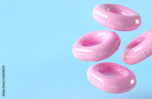 Pink inflatable circle banner template with copy space for text. Summer time concept. Beach accessories isolated on blue background. Summer wallpaper. 3d render illustration.