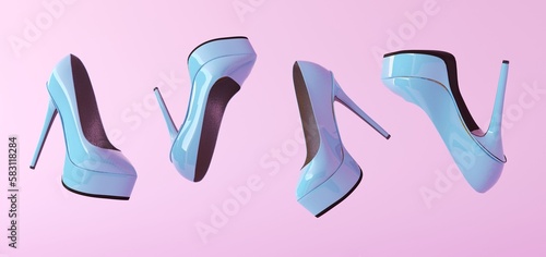 Flying fashionable blue women's stilettos high heels shoes isolated on pink background. Trendy shoes float. Horizontal banner. Creative minimal fashion shoes background. 3d render illustration