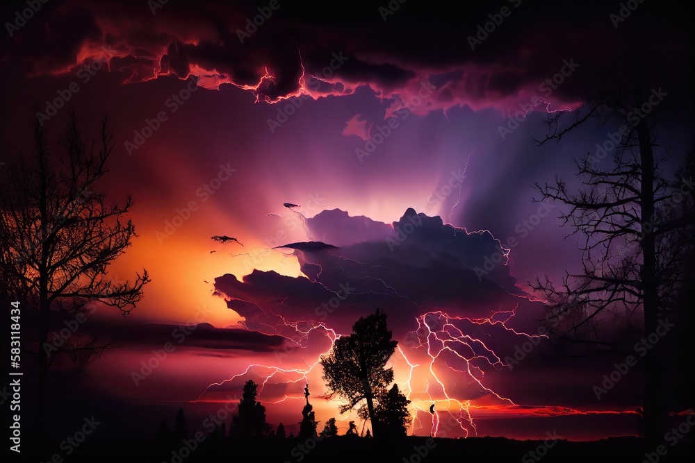 lightning strike in dramatic sunset sky, with silhouette of trees ...