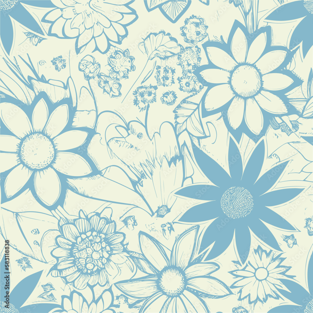 Groovy hippie 70s element in trendy flower and psychedelic style seamless vector pattern 