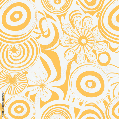 Groovy hippie 70s element in trendy flower and psychedelic style seamless vector pattern 