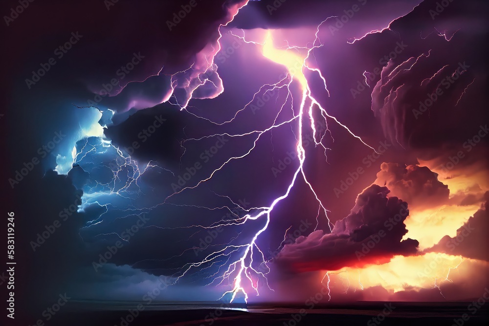 stormy sky with lightning bolt and dramatic clouds in the background ...