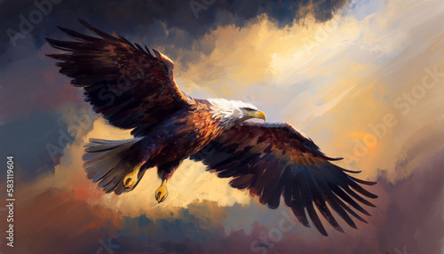 eagle, a large bird of prey, flies against the sky, art illustration painted, generative ai © vladischern