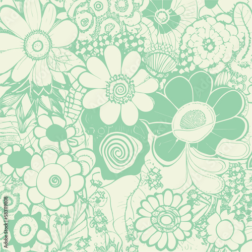 Groovy hippie 70s element in trendy flower and psychedelic style seamless vector pattern 